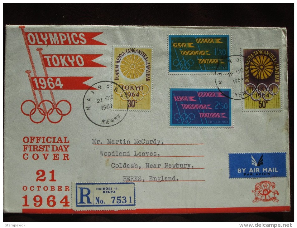 1964 Kenya Uganda Tanganyika Zanzibar - Tokyo Summer Olympic Games - Postally-Used FDC (Flags + Emblems) - Summer 1964: Tokyo
