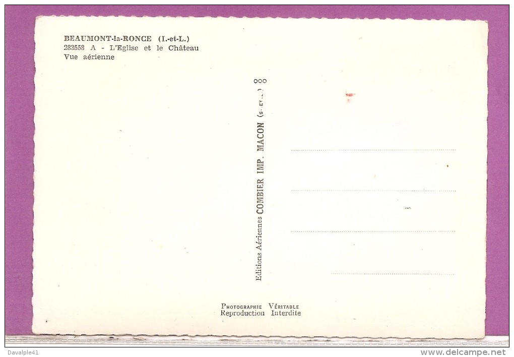 37 BEAUMONT LA RONCE  VUE AERIENNE  TRES BON ETAT  2 SCANS - Beaumont-la-Ronce