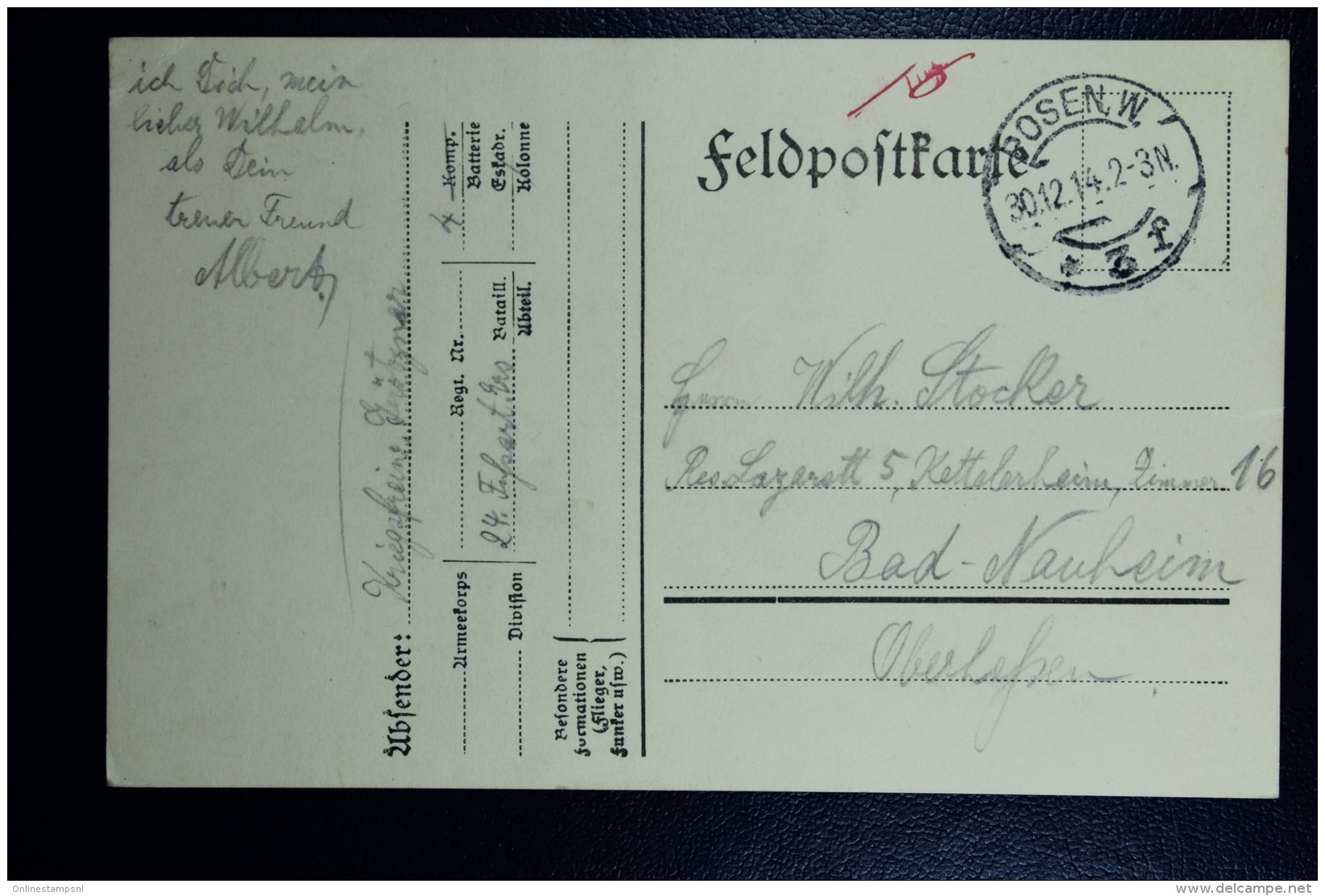 German Post In Poland, Fieldpostcard 30-12-1914 Pozen  Poznan To Bad Neuheim - Briefe U. Dokumente