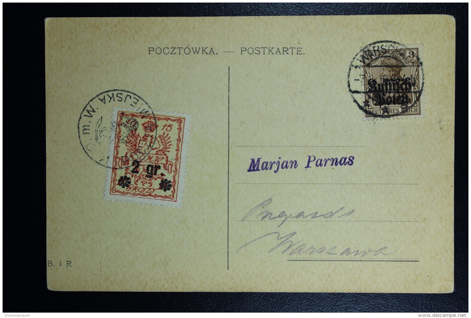 German Post In Poland Postcard Russish Polen + Local Warsaw Stamp Railroad Bridge Vistula At Warsaw - Besetzungen 1914-18