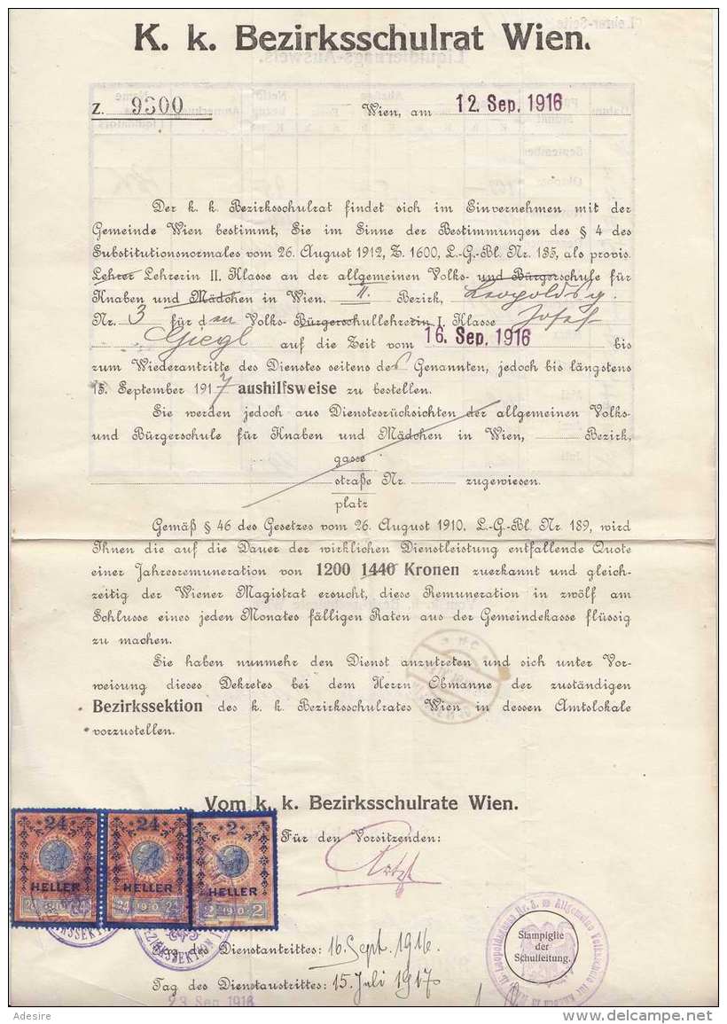 K.k. Bezirksschulrat - Liquitierungs-Ausweis 1918, 2 Heller + 2x24 Heller Stempelmarken, Größe Ca.34 X 21 Cm, Gefaltet - Historische Dokumente