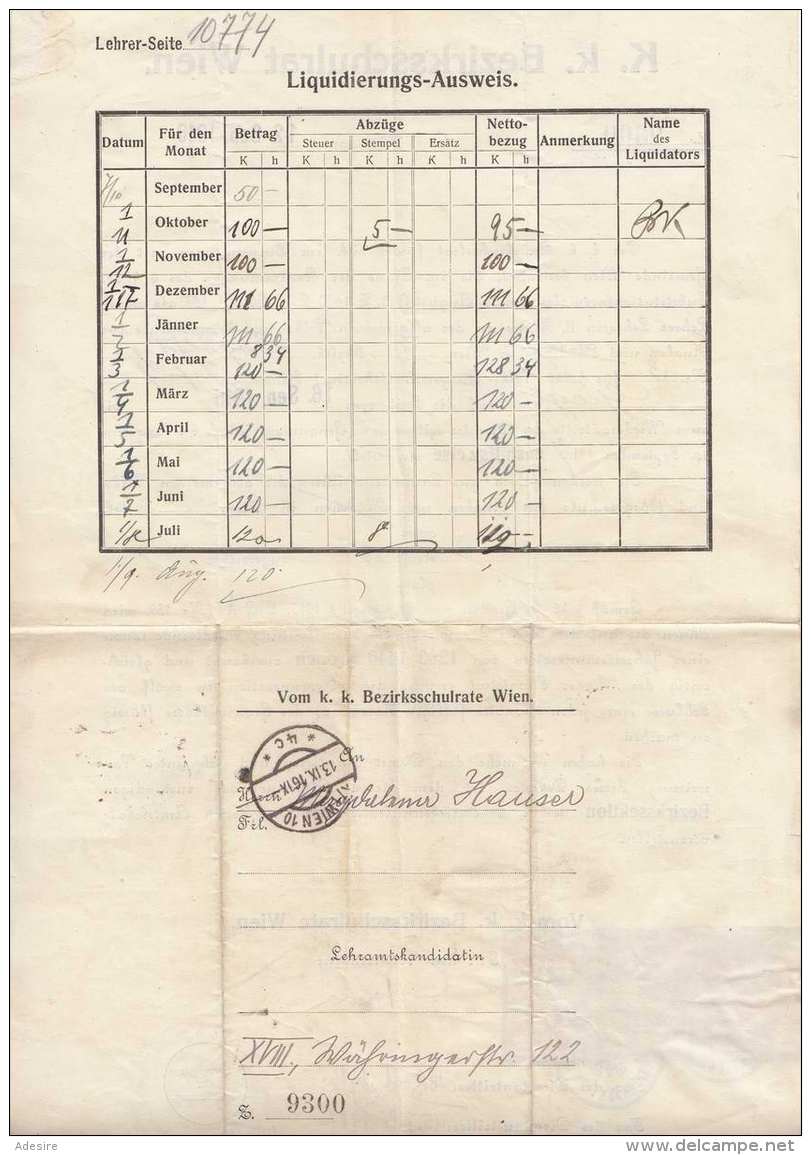 K.k. Bezirksschulrat - Liquitierungs-Ausweis 1918, 2 Heller + 2x24 Heller Stempelmarken, Größe Ca.34 X 21 Cm, Gefaltet - Historische Dokumente