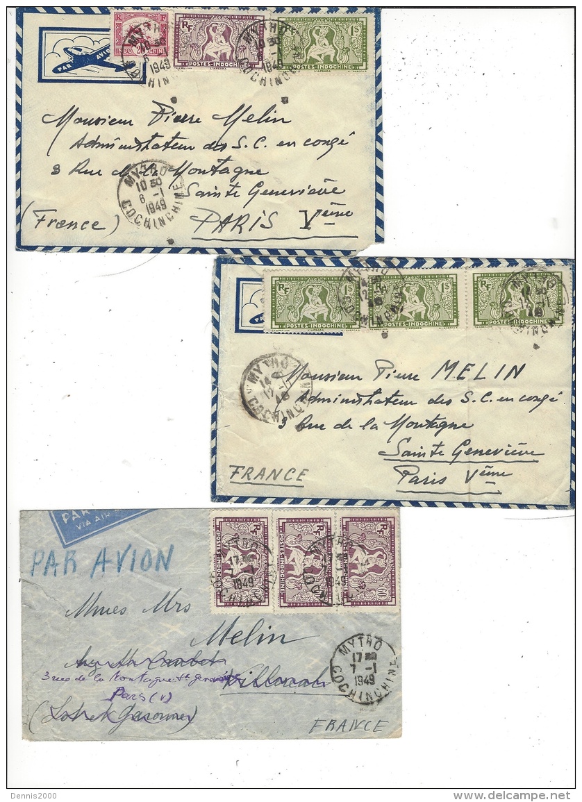 1949- 3 Enveloppes PAR AVION De MYTHO ( Cochinchine ) Pour La France - Affr. Divers - Lettres & Documents