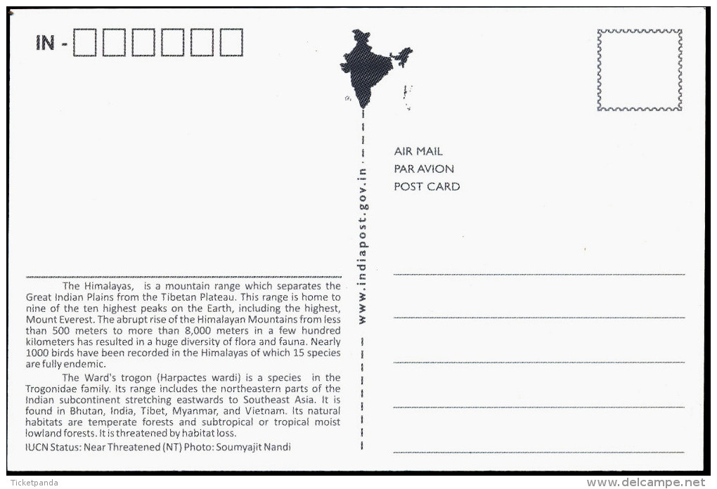 BIRDS-BIRDS OF THE HIMALAYAS-WARD´S TROGON-INDIA POST PPC-MNH-BX1-364 - Coucous, Touracos