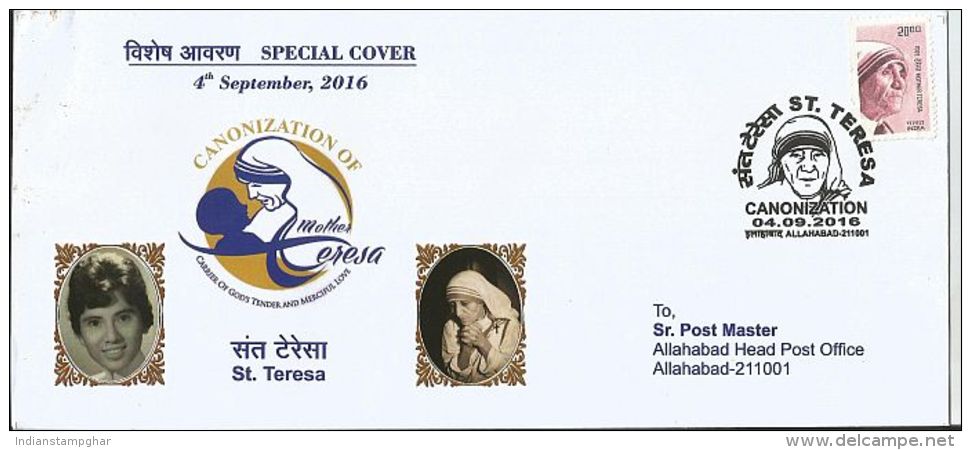 Saint Mother Teresa India Canonization Special Cancellation By India Post ,Special Cover, Inde,As Per Scan - Madre Teresa