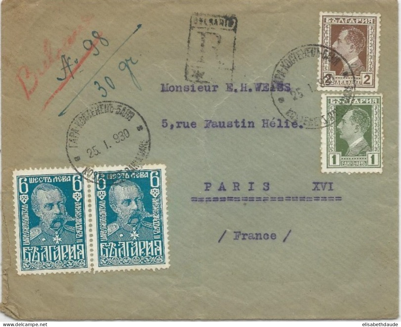 BULGARIE - 1930 - ENVELOPPE RECOMMANDEE De KOSTENETZ BANIA Pour PARIS - Storia Postale