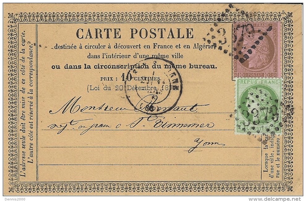1876- C P Précurseur De SENS ( Yonne ) Affr. N°53 Et 54 Oblit. G C 3379 - 1849-1876: Classic Period