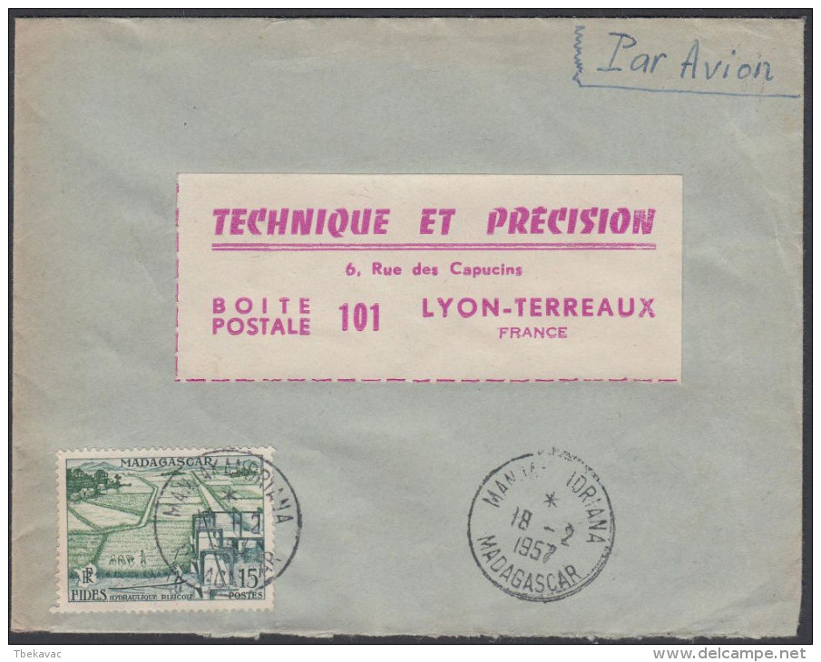 Madagascar 1957, Airmail Cover Manjakandriana To Lyon W./postmark Manjakandriana - Poste Aérienne