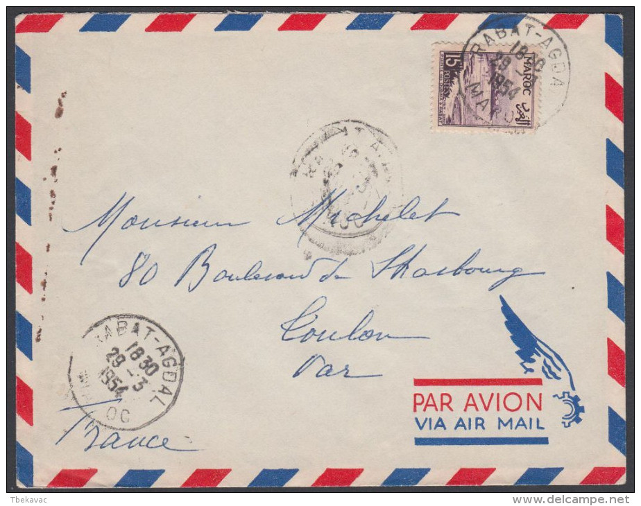 Morocco 1954, Airmail Cover Rabat To Strasbourg To LYon W./postmark Rabat - Aéreo