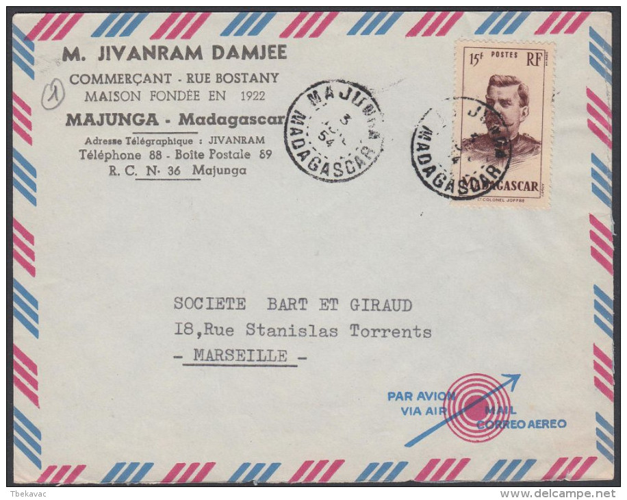 Madagascar 1954, Airmail Cover "M.Jivanram Damjee" Majunga To Marseille W./postmark Majunga - Poste Aérienne