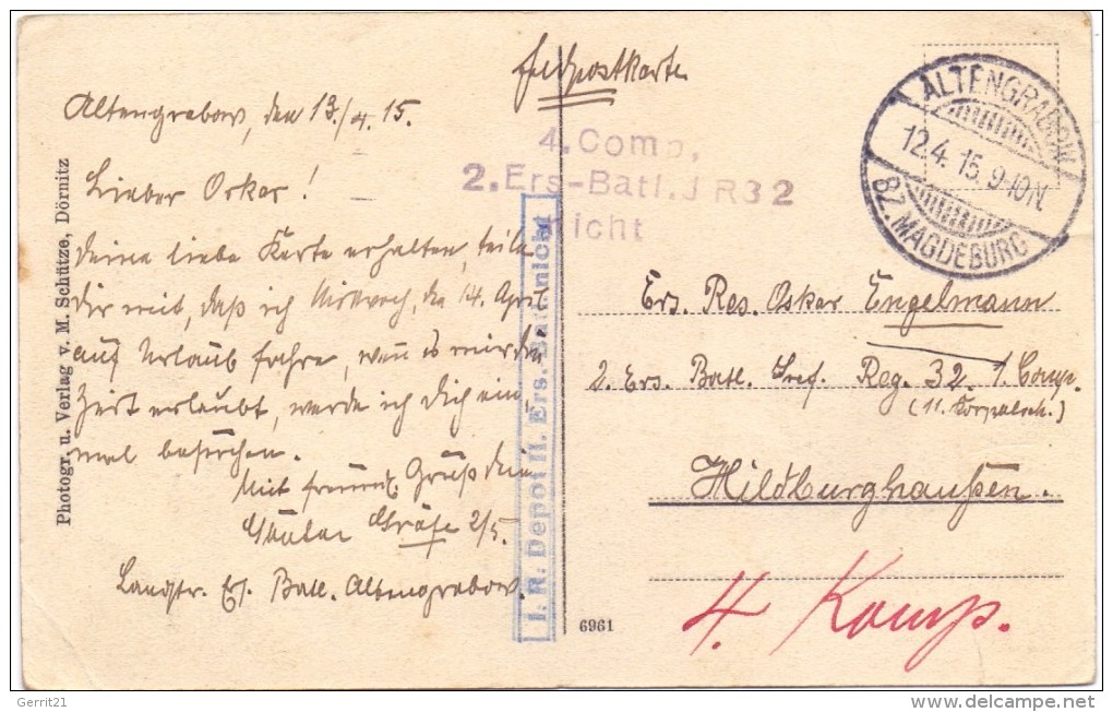0-3272 MÖCKERN - ALTENGRABOW, Uhrturm Mit Berghotel, 1915, Feldpost, Eckknick - Burg