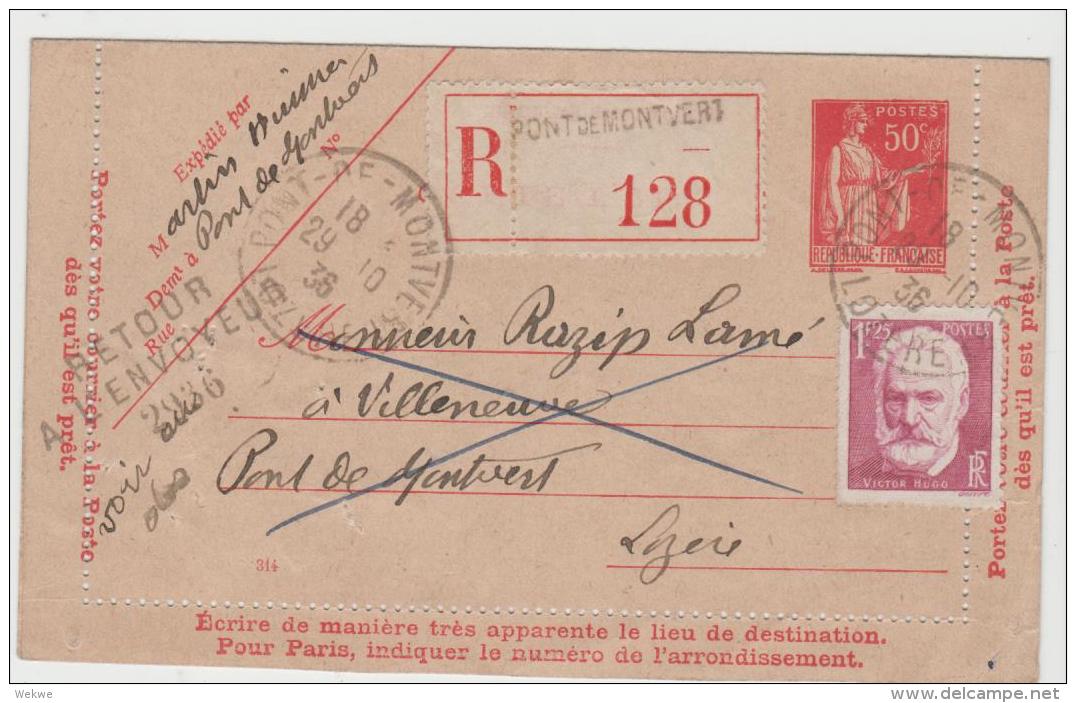 FS794  FRANKREICH -/ Kartenbrief (Letter Card) 1935  Pont De Montveri Mit Zusatzmarke Per Einschreiben Und Wieder Zurück - Kartenbriefe