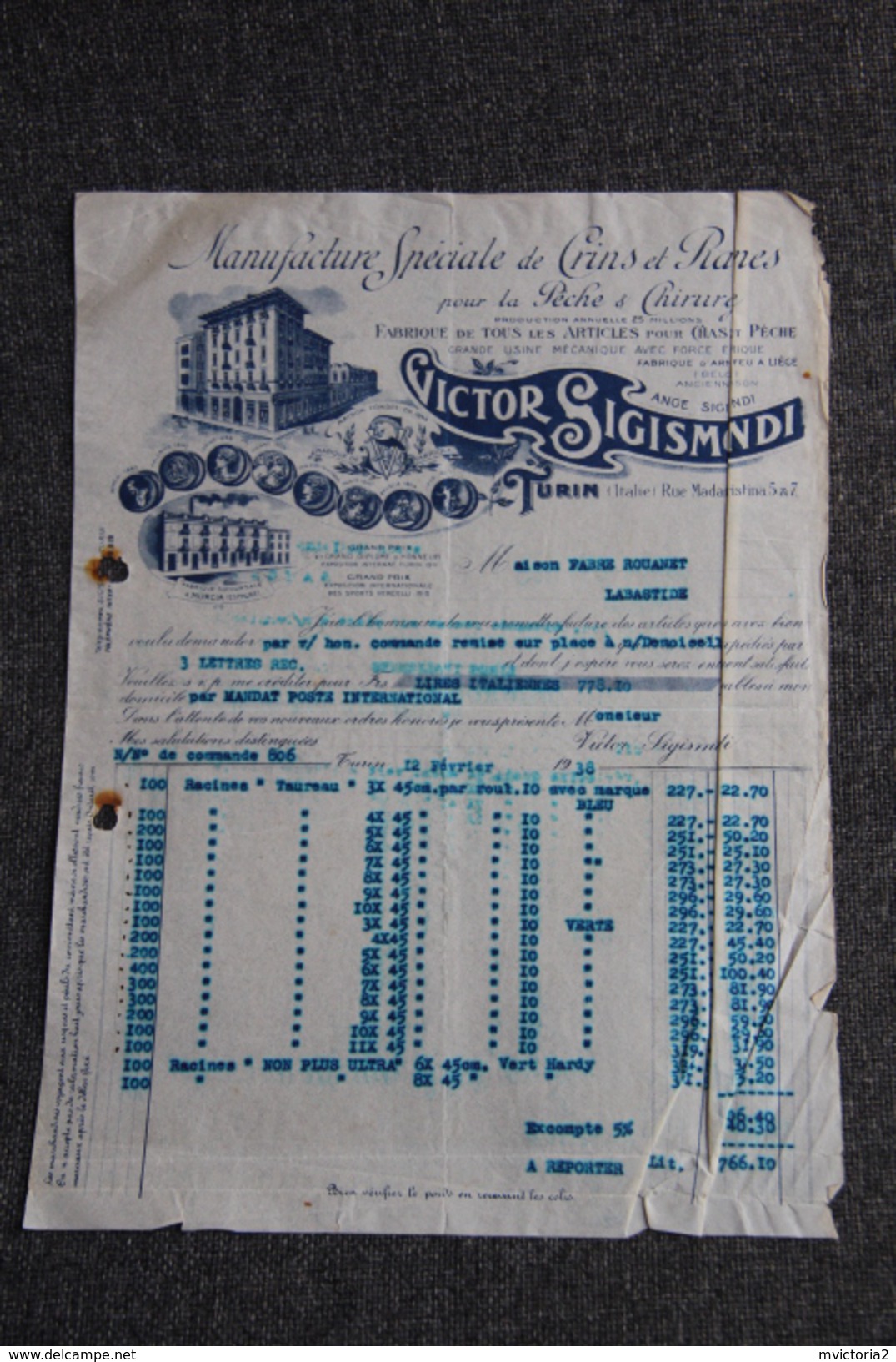 Facture Ancienne , TURIN, Victor SIGISMONDI, Manufacture Spéciale De Crins Et Racibes Pour La Pêche Et La Chirurgie. - Italie