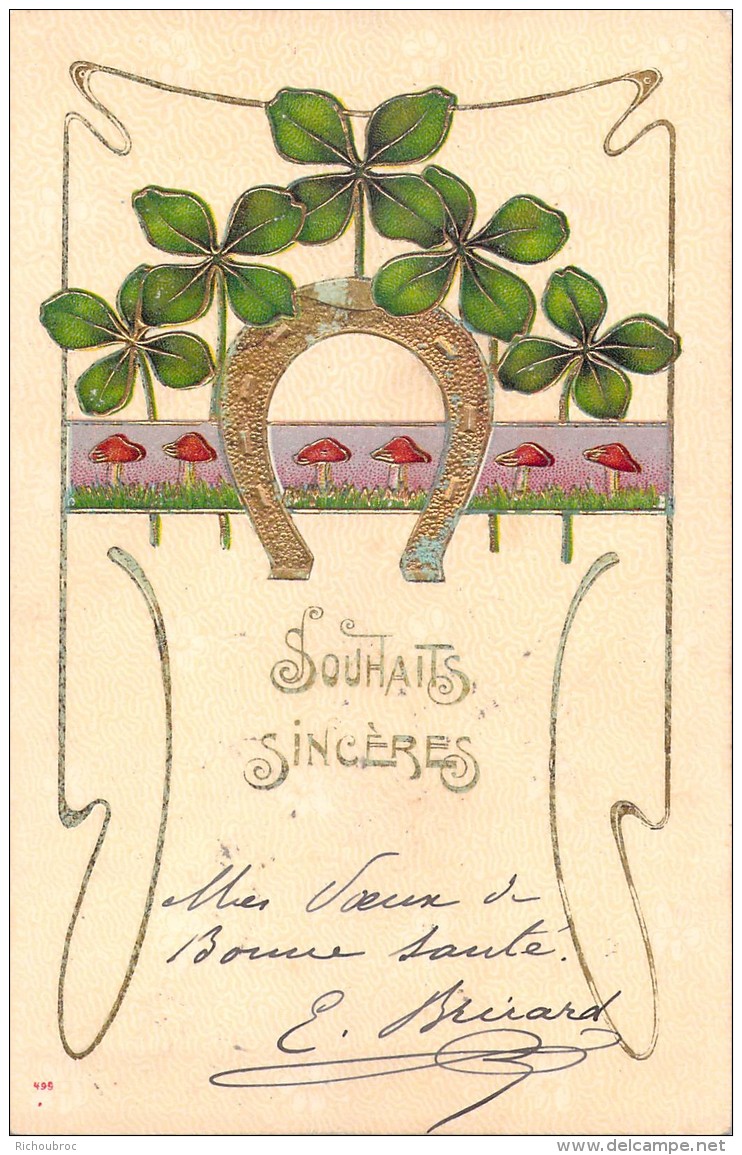 CARTE GAUFREE SOUHAITS SINCERES / FER A CHEVAL / TREFLES A QUATRE FEUILLES / CHAMPIGNONS - Autres & Non Classés