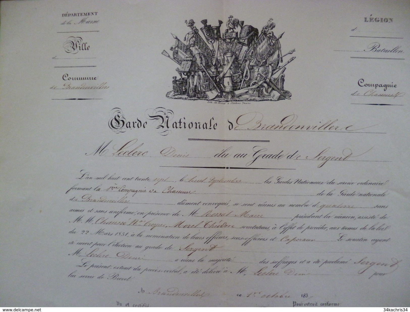 Légion De Chasseurs Nomination Au Grade De Sergnet 1837 Brandowillers Marne - Documenten