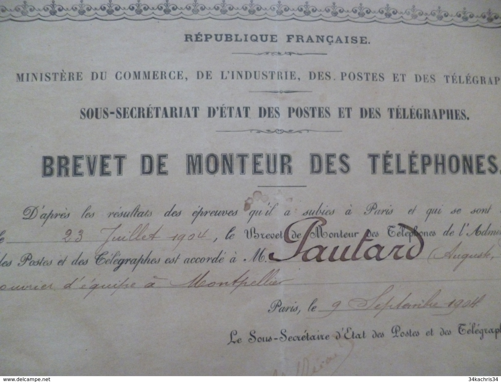 Brevet 1904 De Monteur Des Téléphones Paris - Diplomi E Pagelle