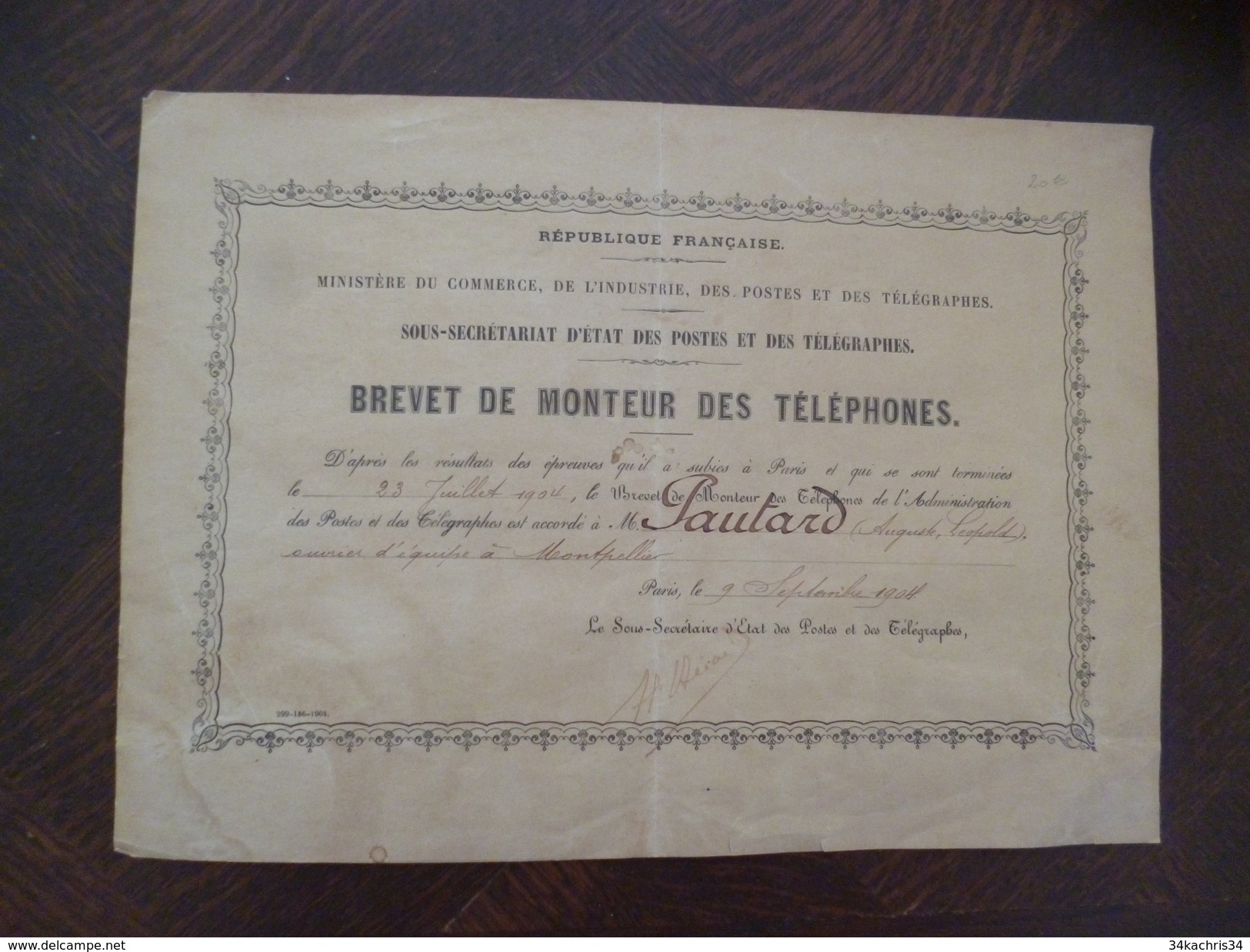 Brevet 1904 De Monteur Des Téléphones Paris - Diplomi E Pagelle