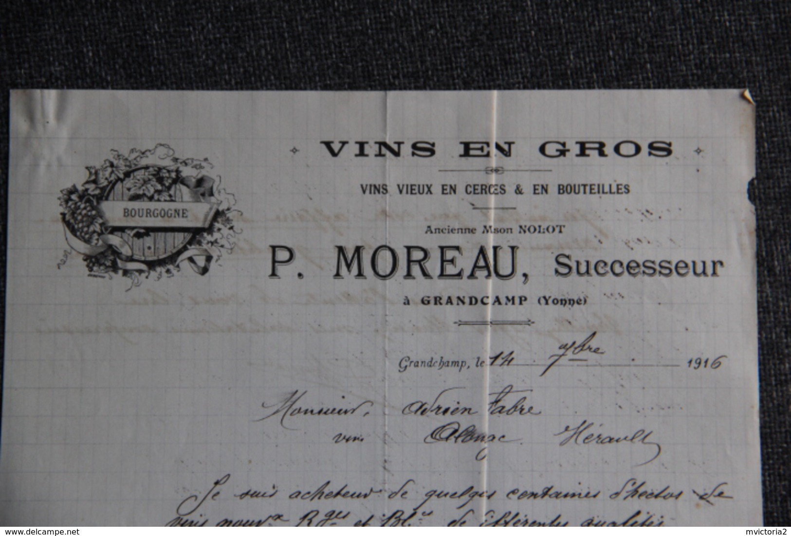 Lettre Ancienne Publicitaire, GRANDCAMP - P.MOREAU, Vins En Gros, Vins Vieux En Cercles Et En Bouteilles - 1900 – 1949