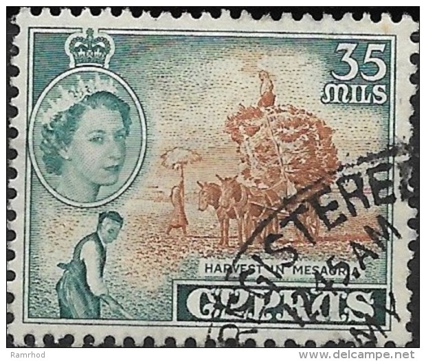 CYPRUS 1955 Queen Elizabeth - Harvest In Mesaoria - 35m. - Brown And Turquoise  FU - Chypre (...-1960)
