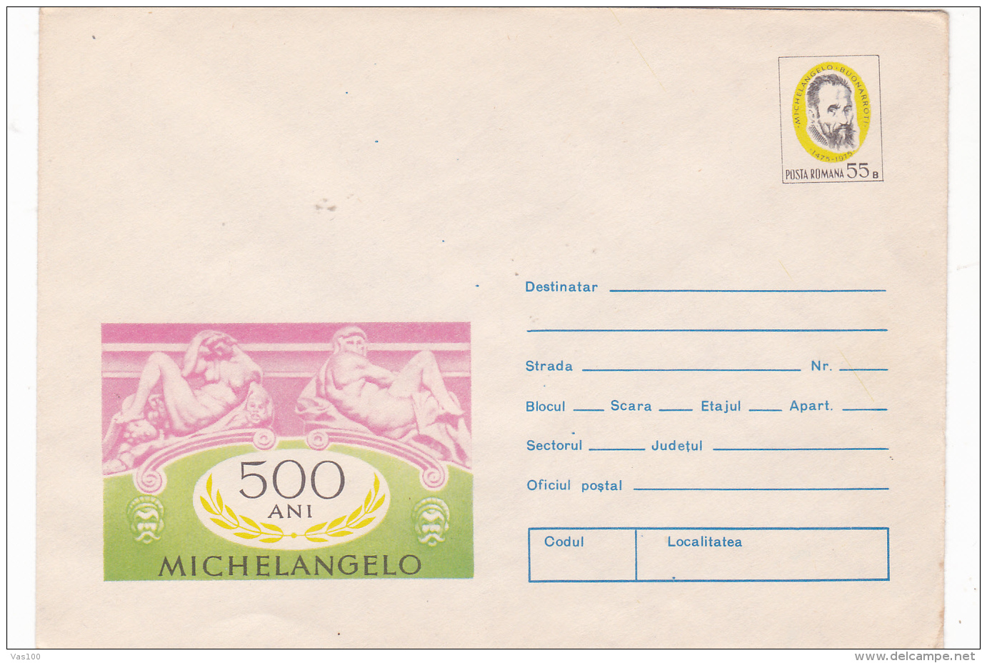 #BV3411 MICHELANGELO, SCULPTURE, ART, COVER STATIONARY,1975, ROMANIA. - Sculpture