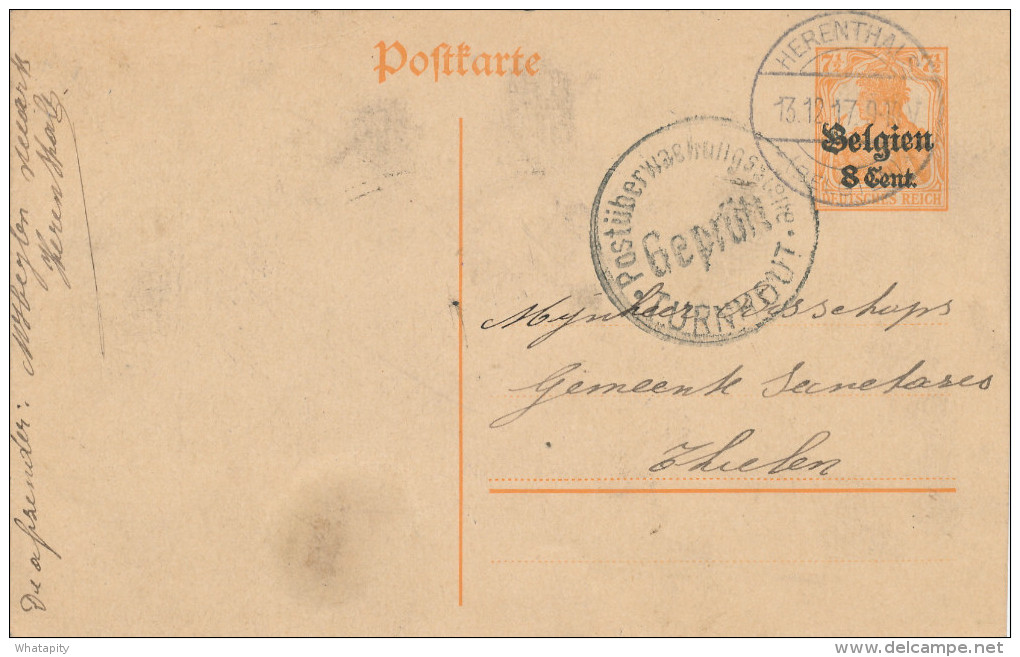 Entier Postal Germania Oblit. Allem. HERENTHALS 1917 - Censure De TURNHOUT - Exp. Heylen  -- XX781 - OC1/25 Gouvernement Général