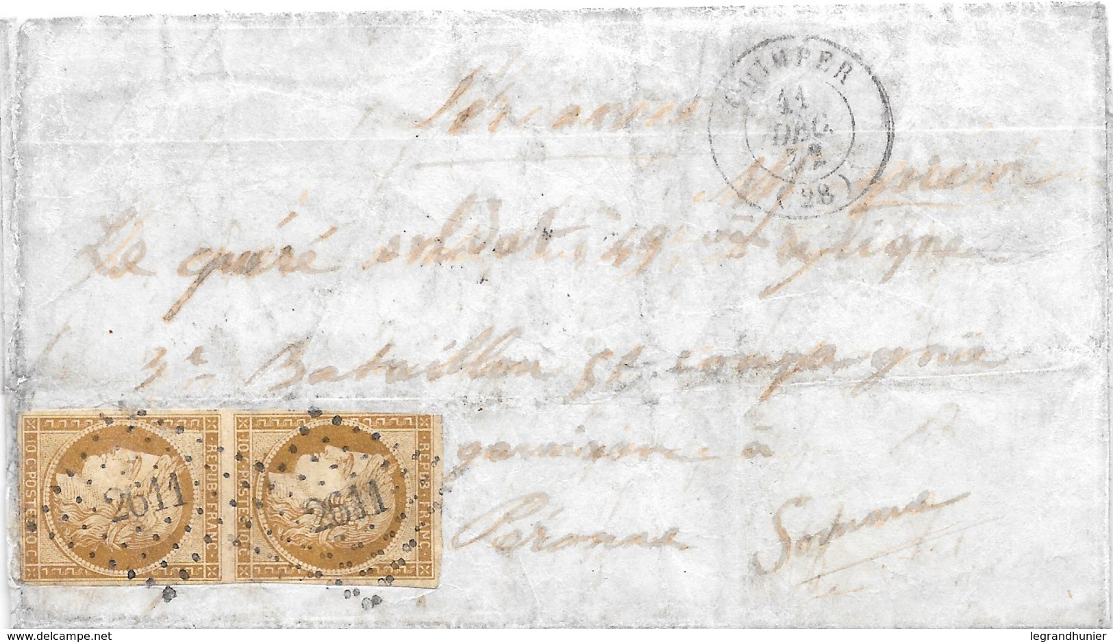 Lettre Paire N°1 Cérès Bistre Obl PC 2611 QUIMPER 1852 Pour Péronne Finistère - 1849-1850 Ceres