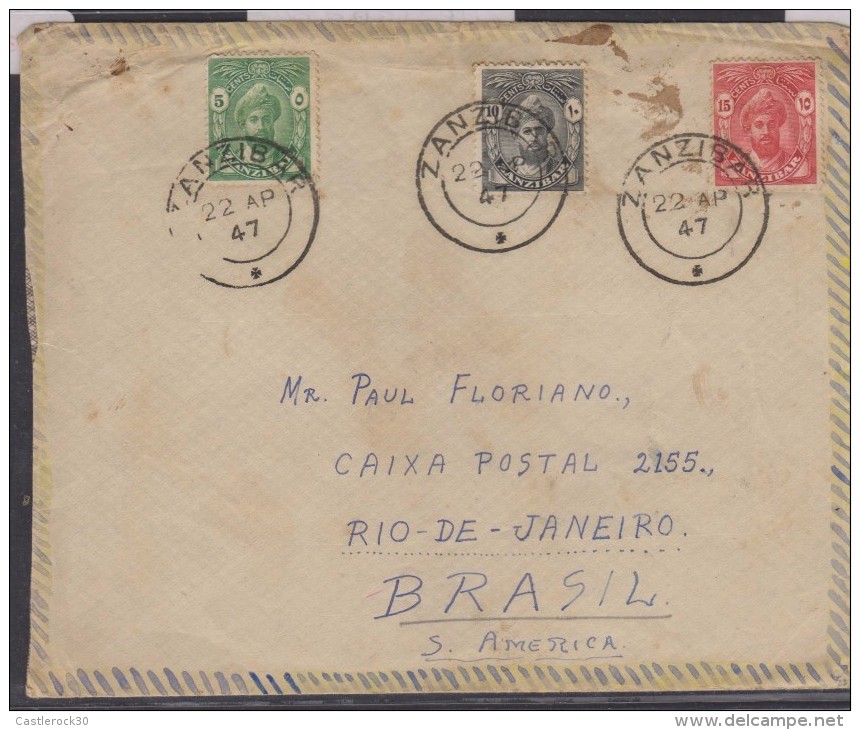 RO)1947 ZANZIBAR, NINTH SULTAN KHALIFA BIN HARUB, GREEN - GRAY - RED, CIRCULATED TO BRAZIL, XF - Zanzibar (...-1963)