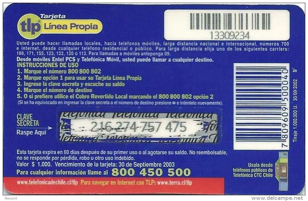 Chile - Telefonica - Tarjeta Linea Propia - 1.000CP$, GSM Refill, Exp. 30.09.2002, Used - Chile