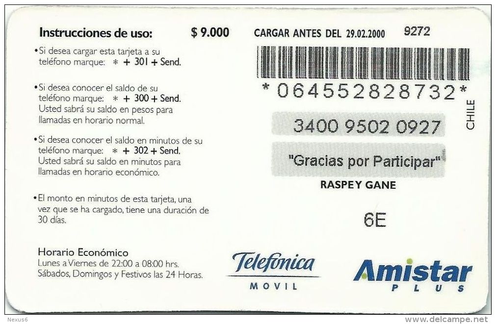 Chile - Telefonica Movil - Verano 2000 Amistar - 9.000CP$, GSM Refill, Exp. 29.02.2000, Used - Chili
