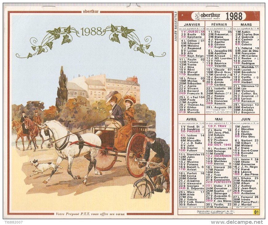 ALMANACH  DU  FACTEUR  1988   Meurthe Et Moselle.   FIACRE  /  VELO  /  UNIFORMES - Small : 1981-90