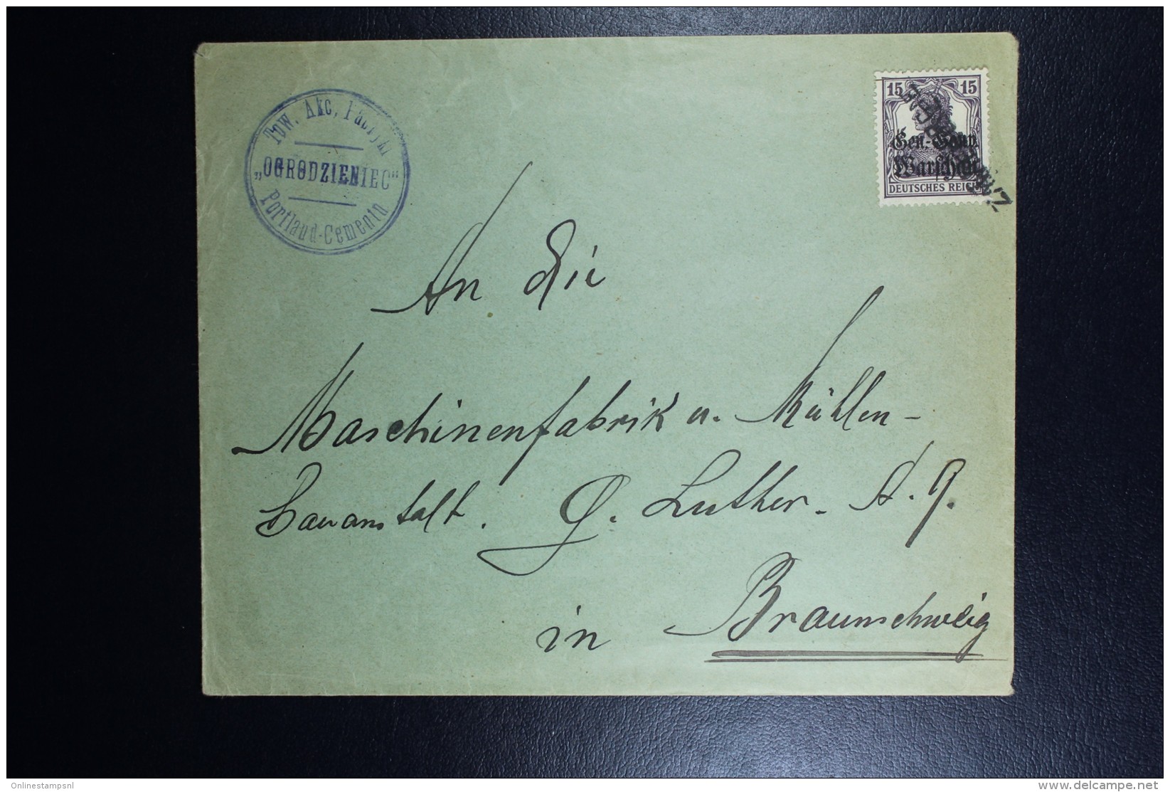 Poland Cover 1918 ZAWIERCIE Local Stamp FORERUNNER Line Cancel  German Occupation (Ruch Hand-stamp) To Braunschweig RRR - Cartas & Documentos