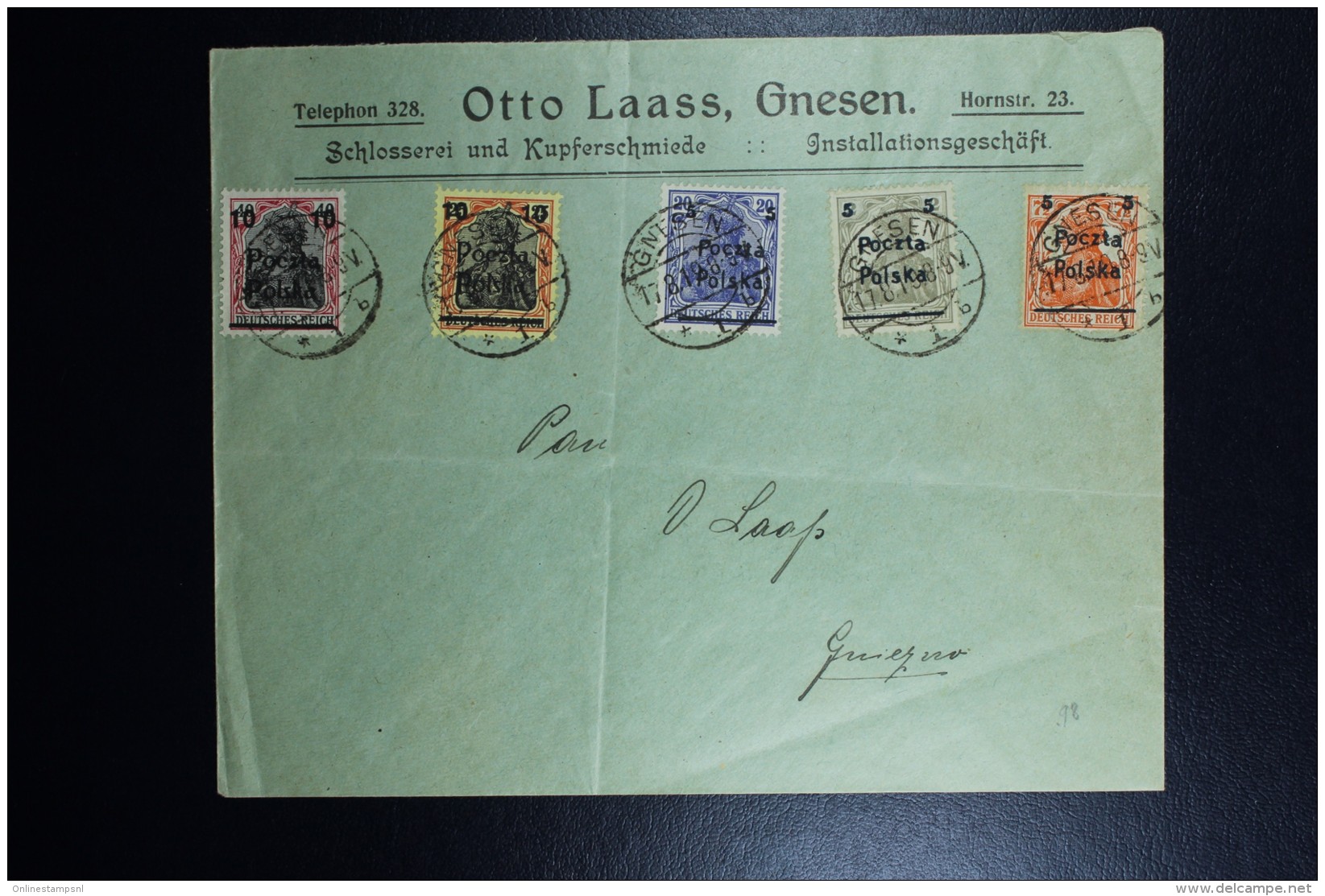 Poland: 1919 Company Cover Mi Nr 130 - 134 Cancel GNESEN (German Cancel) Almost 1 Year After War - Briefe U. Dokumente