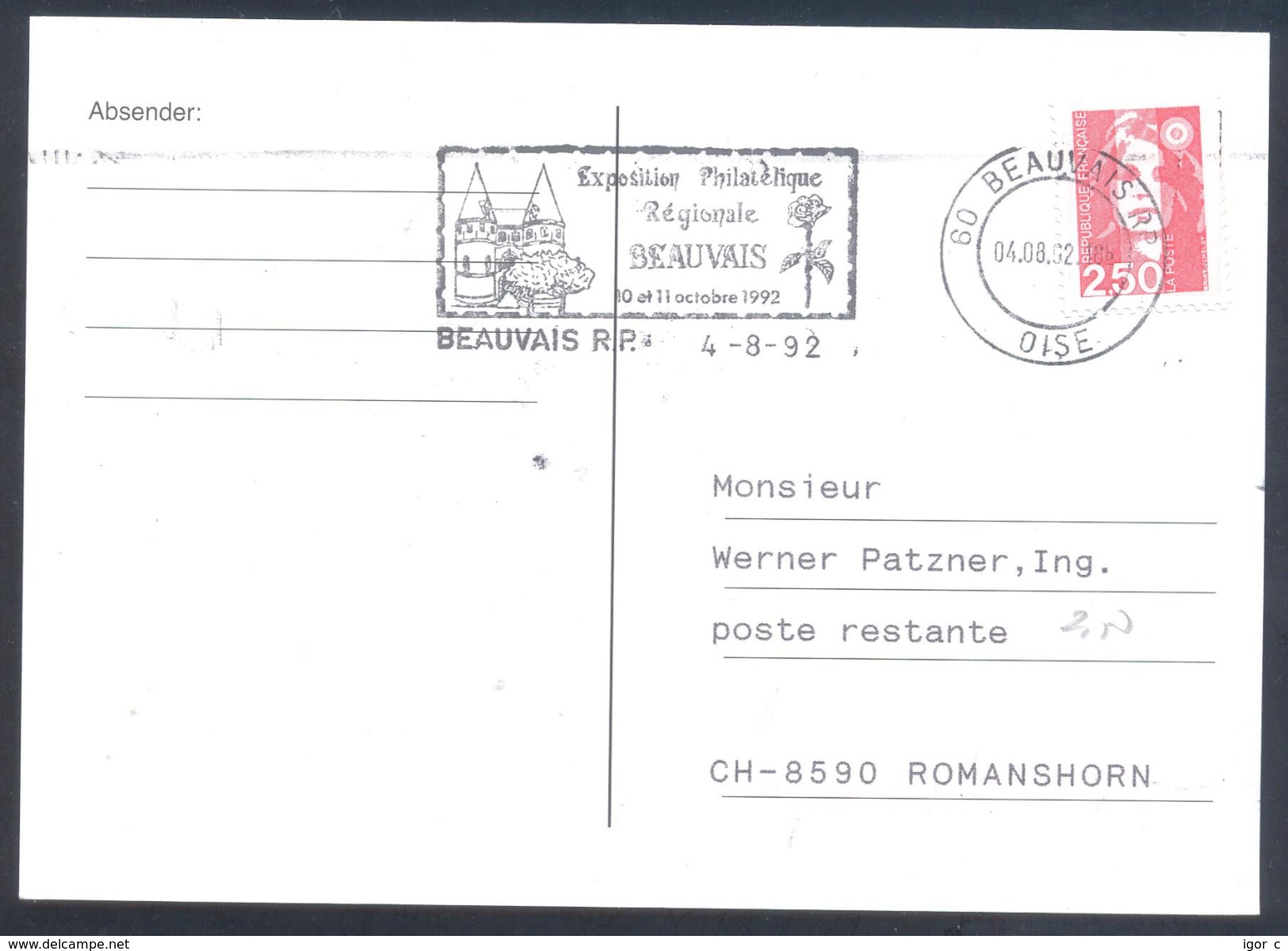 France 1992 Card: Flora Roses Rose Rosa Slogan Beauvais Cancellation; Castle Schloss - Roses