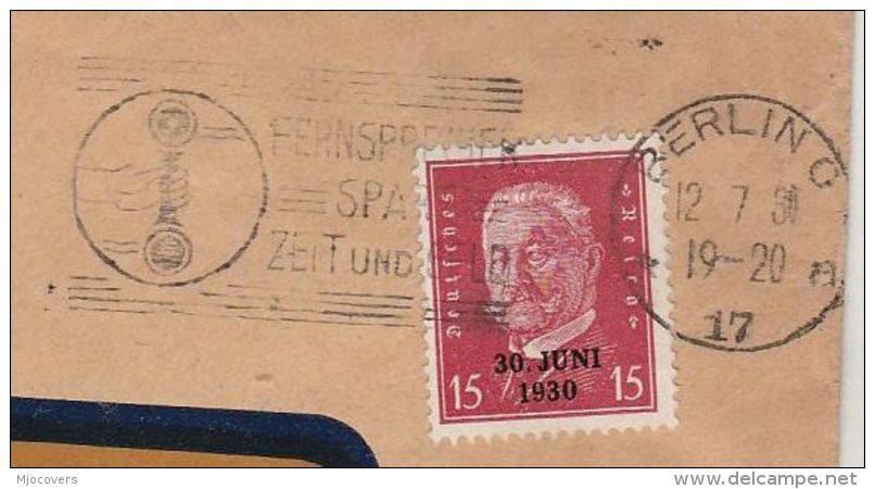 1930 GERMANY COVER SLOGAN Illus TELEPHONE Franked 30 Juni 1930 Ovpt Stamps Telecom - Telecom