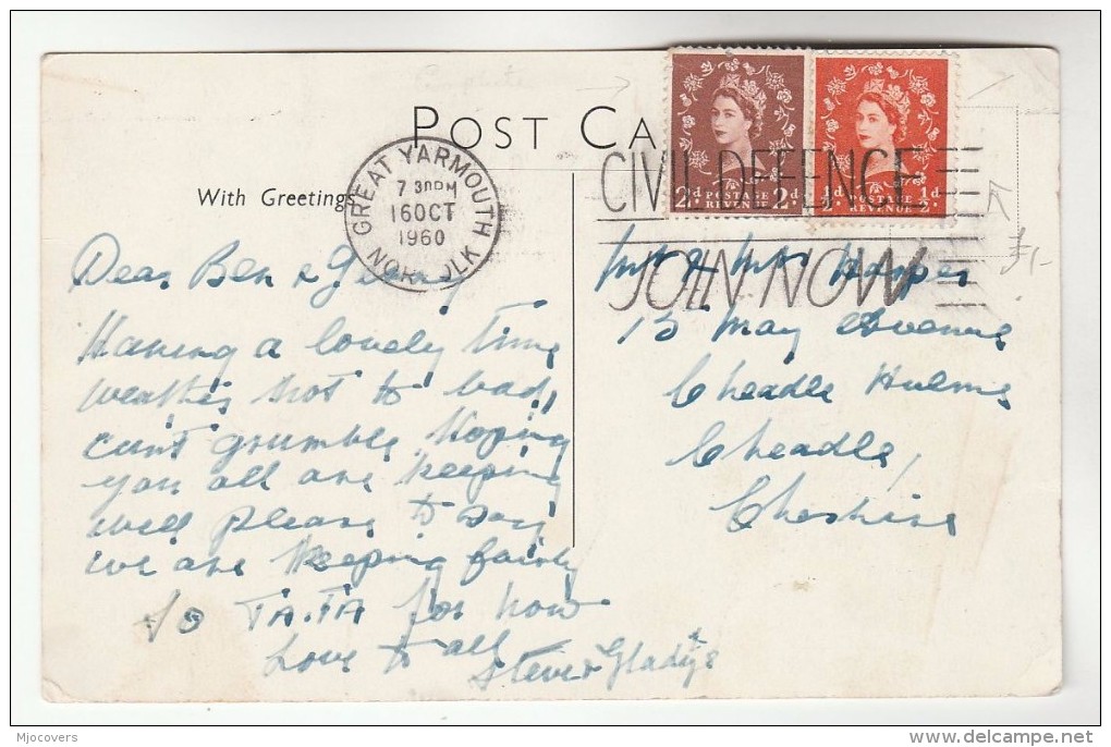 1960 Great Yarmouth GB Stamps COVER (postcard People, The Waterways) SLOGAN Pmk CIVIL DEFENCE JOIN NOW - Great Yarmouth