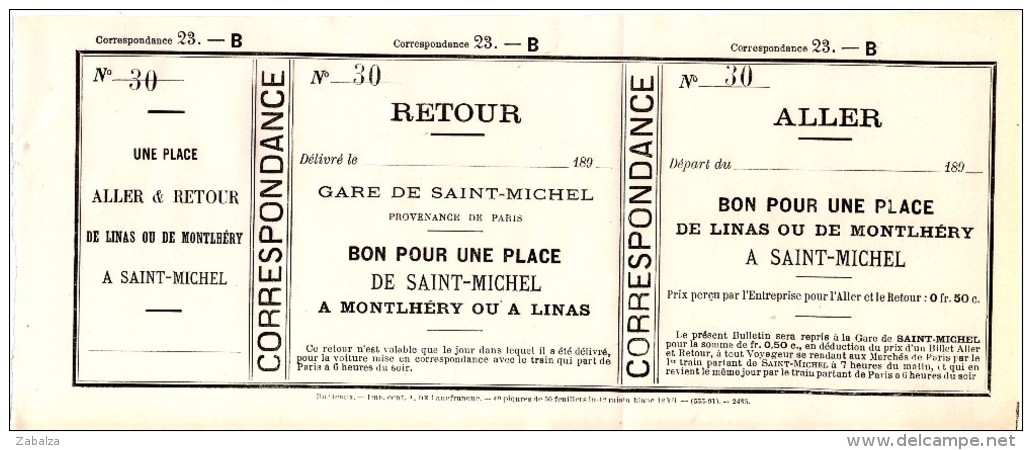 Billet De Diligence Transports Meyer Années 1890 Montlhery Linas Saint Michel Sur Orge - Autres & Non Classés