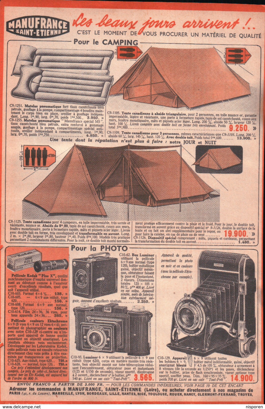 Manufrance Saint-Etienne - Camping Matelas Tente Canadienne - Photo Box Luminor Luminor 6X9  Appareil à Soufflet - 1955 - Advertising