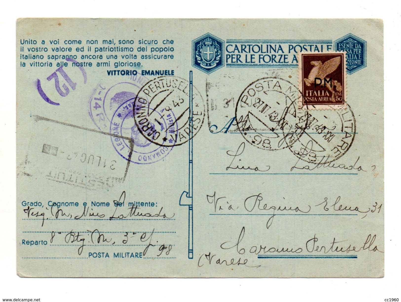 Italia Regno - 26.07.1943 - Cartolina Postale Per Le FF.AA. Con Affrancatura 50 Cent. Sovrastampato P.M. (FDC920) - War 1939-45