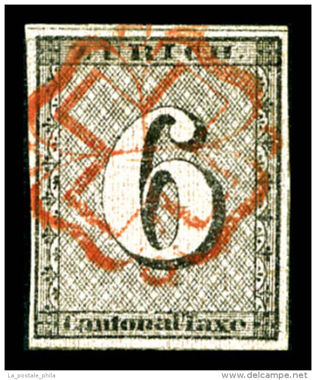 O N°10a, Zürich 6 R, Fond Lignes Rouge Verticales Obl Rosette De Zurich, SUPERBE... - 1843-1852 Timbres Cantonaux Et  Fédéraux