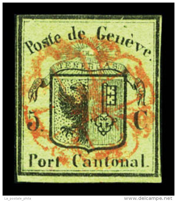 O N°2, 5c Noir S Vert Obl Rosette, SUPERBE (signé/certificats)   Qualité: O   Cote: 1600 Euros - 1843-1852 Timbres Cantonaux Et  Fédéraux