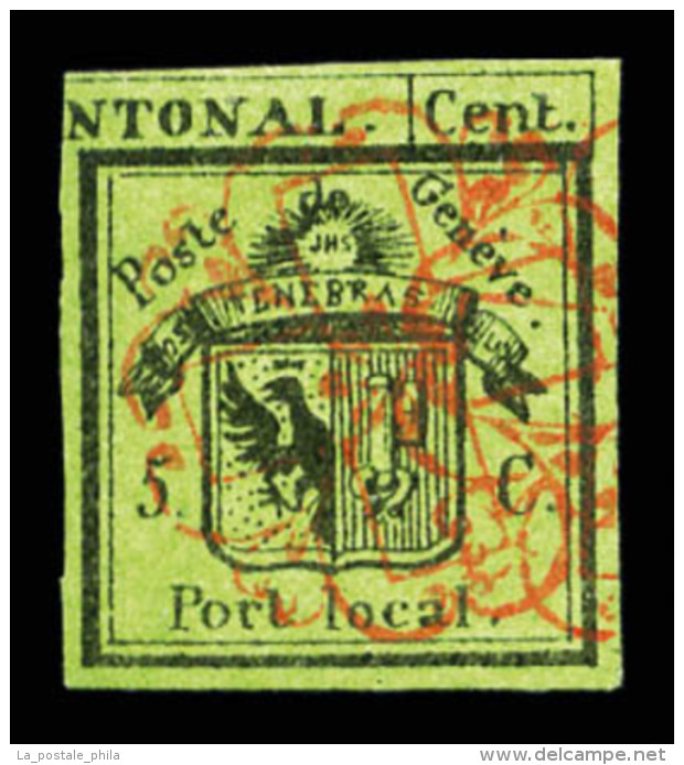 O N°1A, Genève, 5c Noir Sur Vert Obl Rosette. SUPERBE. R.R. (signé/certificats)   Qualité:... - 1843-1852 Federal & Cantonal Stamps