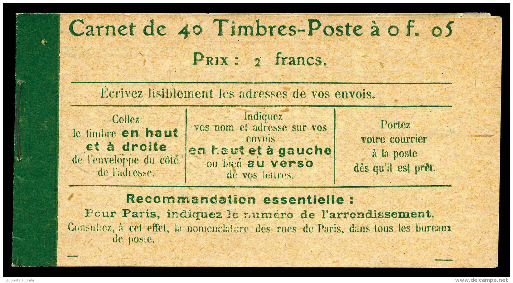 ** N°137-C9, Semeuse, 5c Vert, Couverture Avec En 2ème Page: Loi Du 19 Mars 1920 (40 Timbres), TTB... - Autres & Non Classés