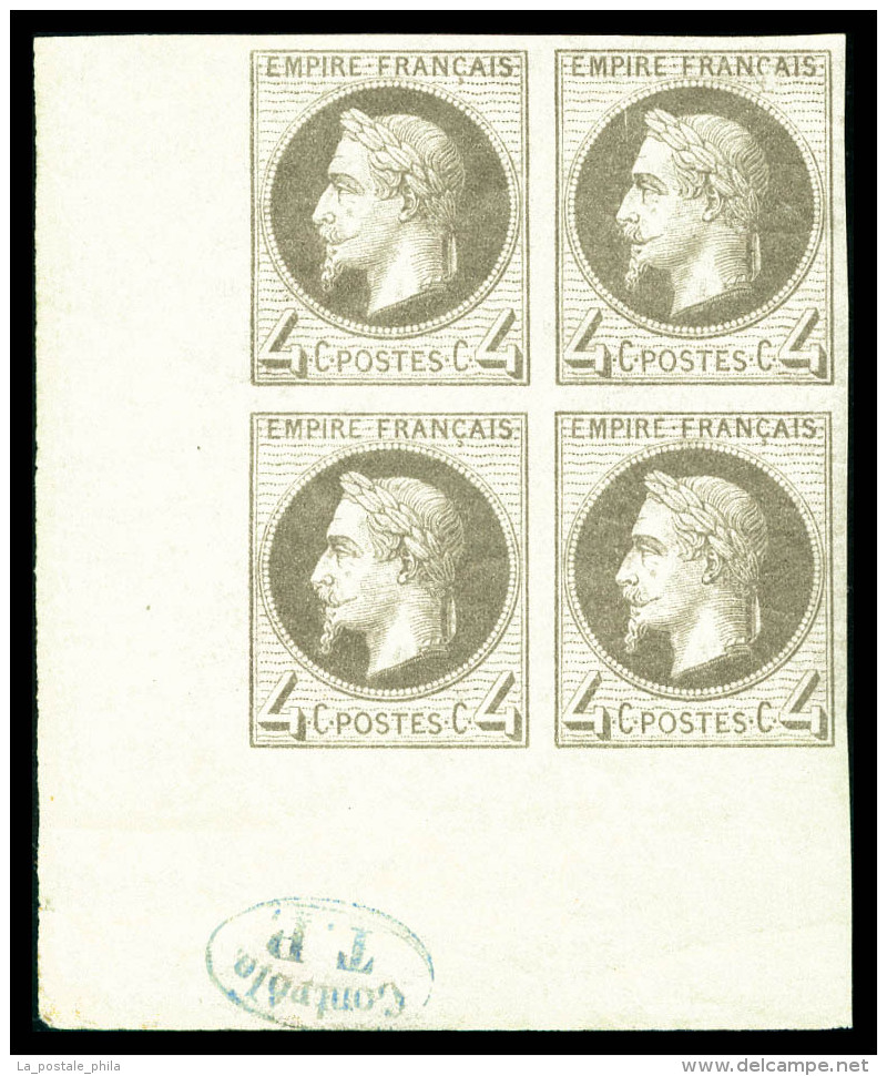 ** N°27Bf, Rothschild, 4c Gris Non Dentelé En Bloc De Quatre (2ex) Coin De Feuille Avec Cachet De... - 1863-1870 Napoléon III Lauré