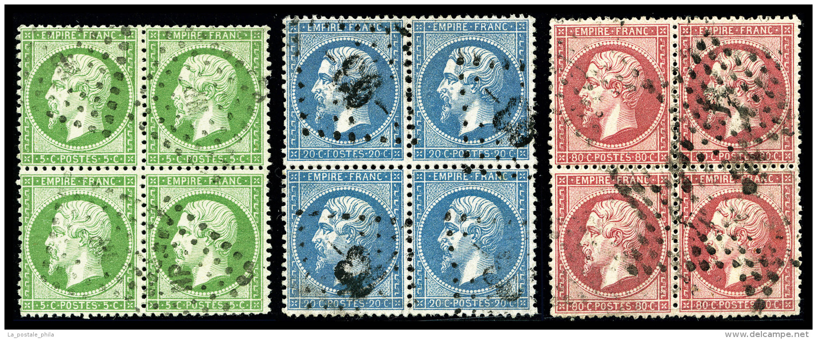 O N°20/24, 5c Vert, 20c Bleu Et 80c Rose: Les 3 Valeurs En Blocs De Quatre, TB (certificat)   Qualité: O... - 1862 Napoléon III