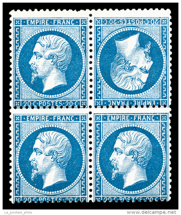 * N°22b, 20c Bleu, Tête-bêche Tenant à Normaux Dans Un Bloc De Quatre (1ex**), RARE Et... - 1862 Napoleon III