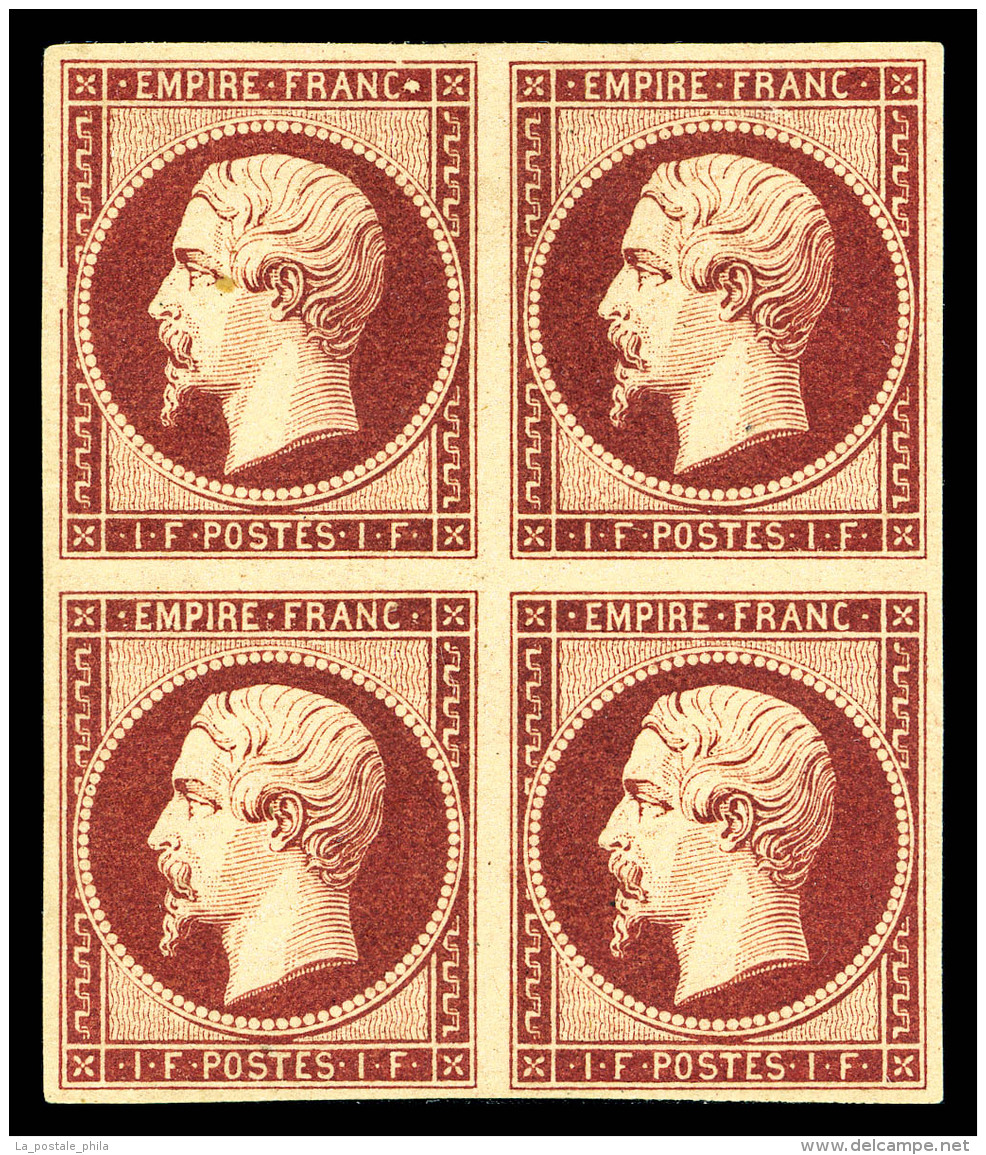 ** N°18g, 1F CARMIN VELOURS En Bloc De Quatre (2ex*), Fraîcheur Postale, Exceptionnel. R.R.R.... - 1853-1860 Napoléon III