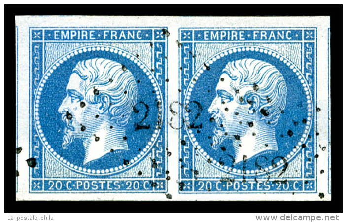 O N°14B, 20c Bleu Type II En Paire Obl PC, Grandes Marges, Trois Voisins, SUP (certificat)   Qualité: O ... - 1853-1860 Napoleon III