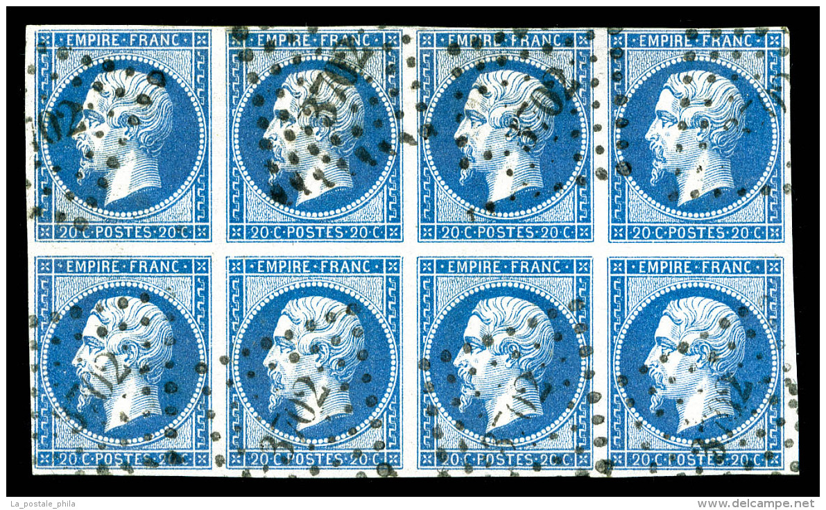 O N°14B, 20c Bleu Type II En Bloc De Huit Obl PC 3702. TTB. R.R. (certificat)   Qualité: O - 1853-1860 Napoleon III