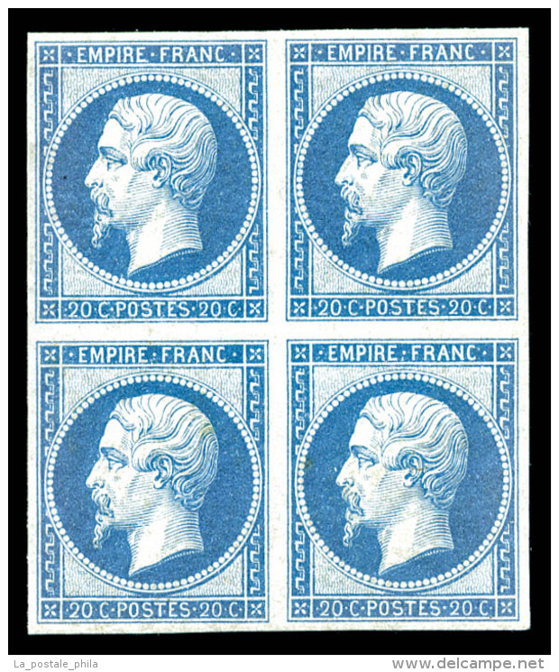 ** N°14B, 20c Bleu Type II En Bloc De Quatre (1ex*), Fraîcheur Postale, SUPERBE (certificat)  ... - 1853-1860 Napoléon III