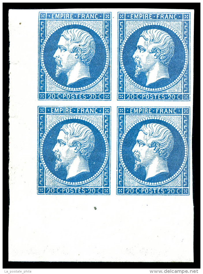 ** N°14B, 20c Bleu Type II En Bloc De Quatre Coin De Feuille, Fraîcheur Postale, SUPERBE (certificat)  ... - 1853-1860 Napoléon III